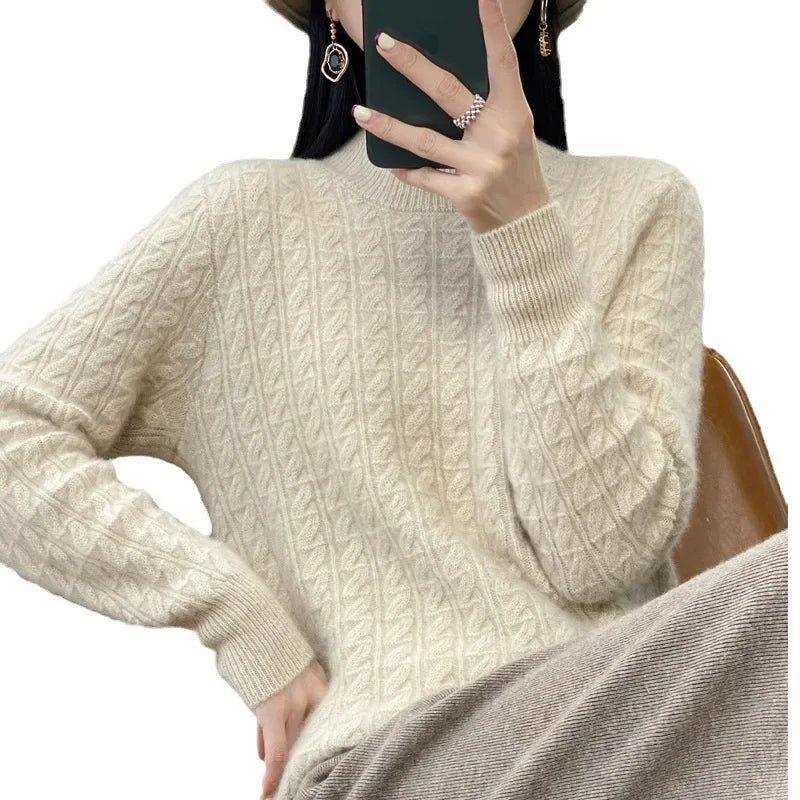 Thickened Pure Wool Knitted Sweater Women's Pullover Half High Collar Cashmere Base Layer Style