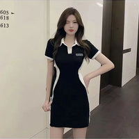Women Polo Collar Dress Elegant Color block Short Sleeve Bodycon Midi Dress Casual Slim Fit T Shirt Dresses for Women