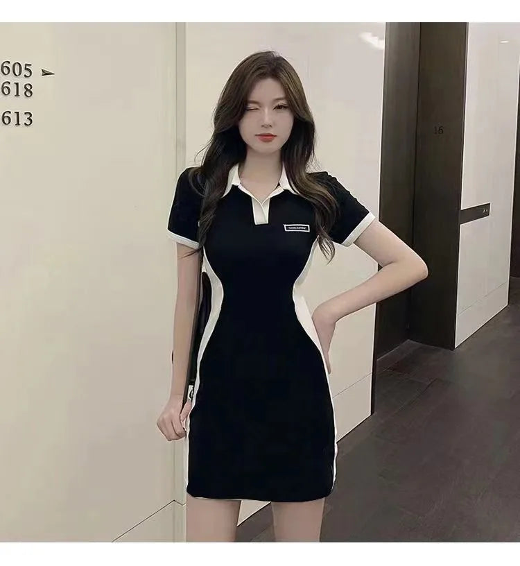 Women Polo Collar Dress Elegant Color block Short Sleeve Bodycon Midi Dress Casual Slim Fit T Shirt Dresses for Women