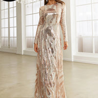 Round Neck Long Sleeved Sequin A Line Evening Dress Banquet Prom Maxi Wedding Bride Dress