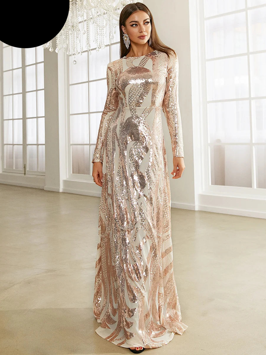 Round Neck Long Sleeved Sequin A Line Evening Dress Banquet Prom Maxi Wedding Bride Dress
