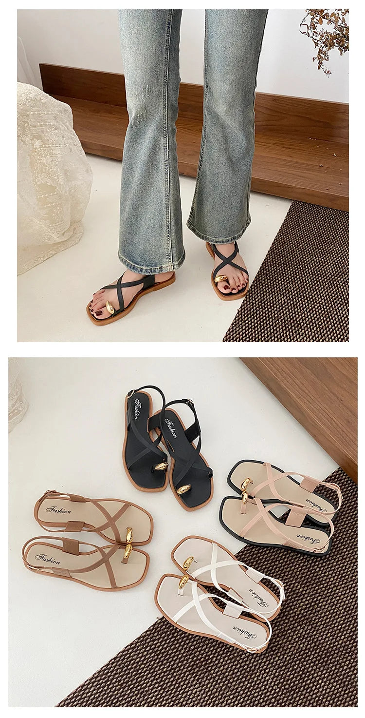Women's Roman Style Toe-Over Sandals Flat Bottom Outdoor Wear Crossbody PVC Material Anti-Slip Low Heel Footwear