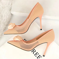 Women's Sexy Nightclub Pole Dancing Show Thin Heels High Mesh Hollowed Out Satin Rose Flower Woman Pumps
