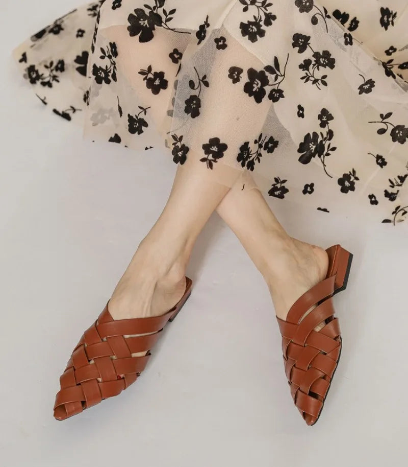 Hollow Woven Pointed Cool Slippers Women's Summer Thick Heel Outer Wear Bag Head Half Slippers Women Sandals