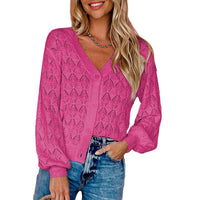 Women's Lightweight Crochet Cropped Cardigan Knitted Hollow Out V Neck Long Sleeve Button up Bolero Shrug Sweater