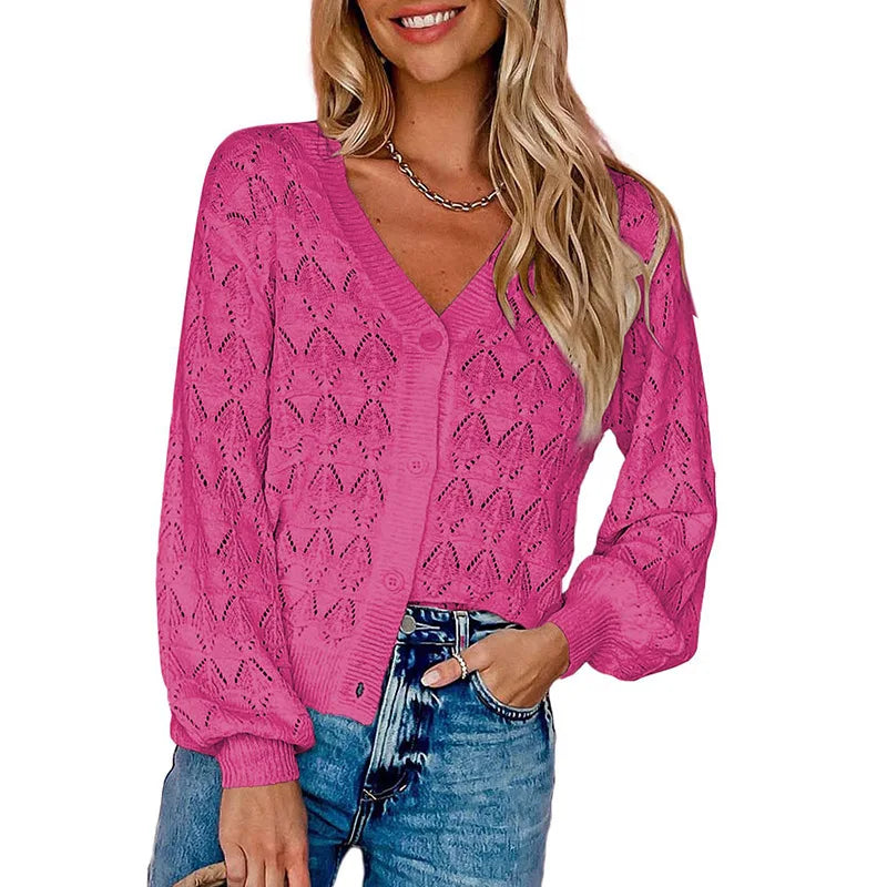 Women's Lightweight Crochet Cropped Cardigan Knitted Hollow Out V Neck Long Sleeve Button up Bolero Shrug Sweater