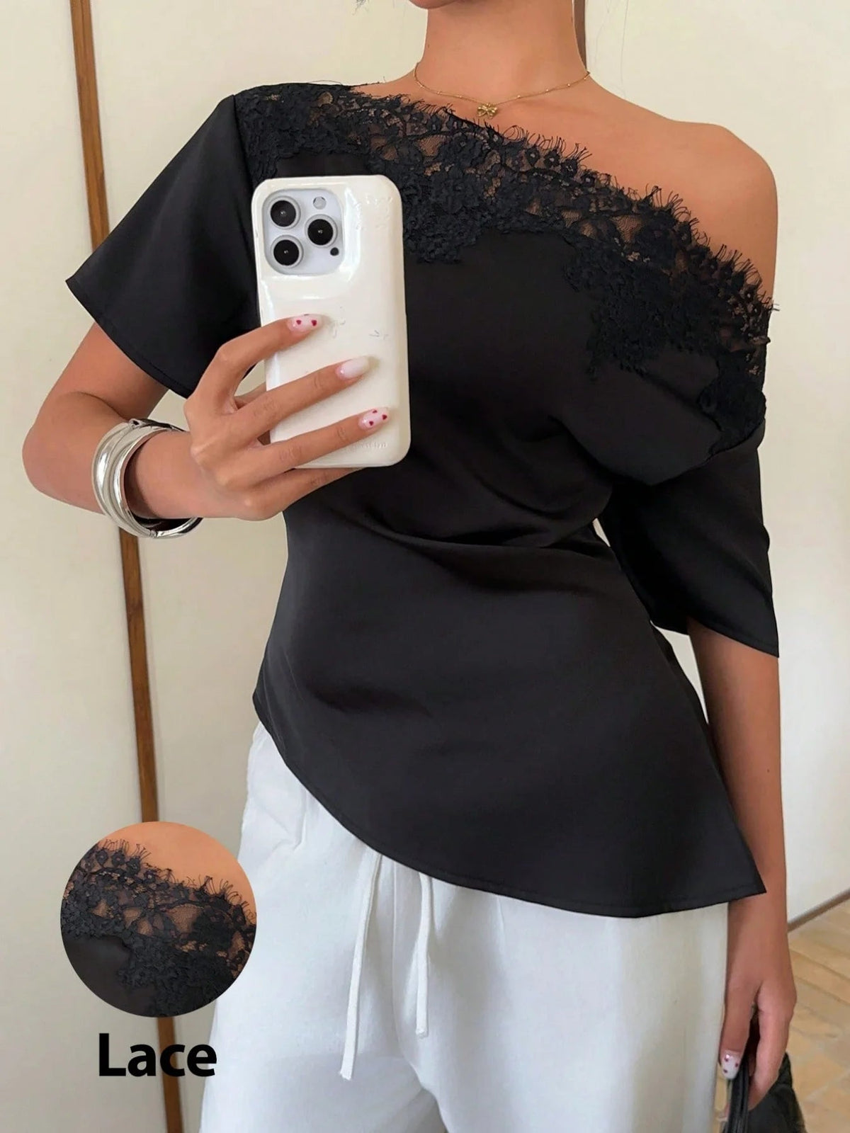 Elegant temperament women's top with lace splicing, sloping collar, waist cinching, solid color, irregular short sleeved top Natalia Home Fashion    Natalia Home Fashion
