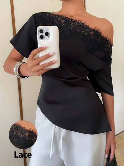 Elegant temperament women's top with lace splicing, sloping collar, waist cinching, solid color, irregular short sleeved top Natalia Home Fashion    Natalia Home Fashion