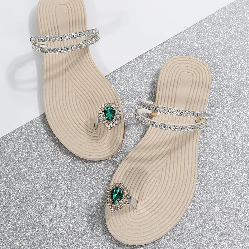 Crystal Gladiator Women Sandals Summer  Clip Toe Flat Heels Beach Slippers Woman Slides