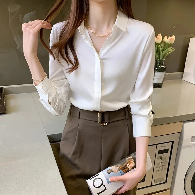 Style Women's Long Sleeve Satin Shirt Casual Style Fashion Design Lightweight Maturity Ladies Blouse