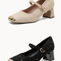 Retro Square Head Mary Jane Shoes Women Comfortable Slip-On High Heels Casual Velvet Upgraded Rubber Sole