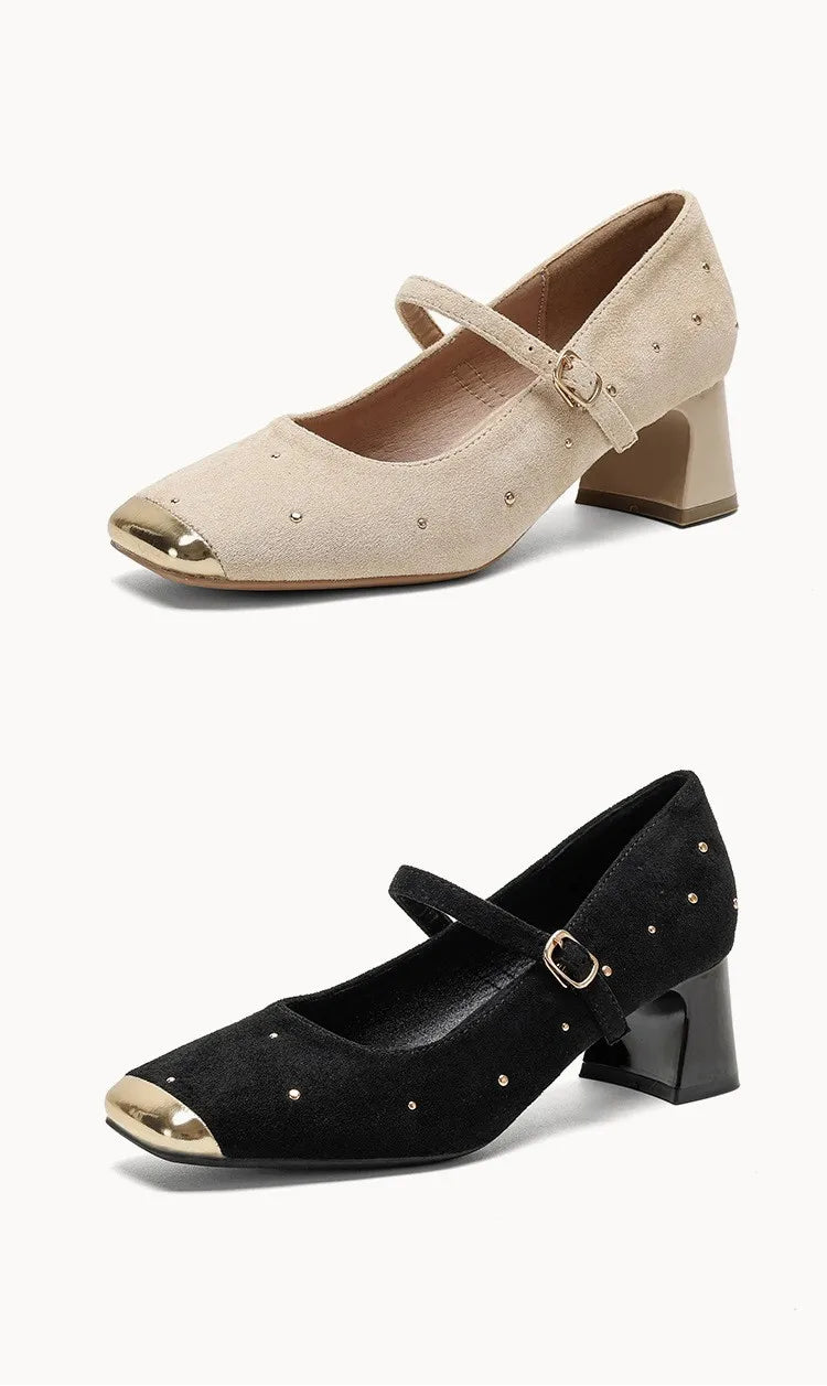 Retro Square Head Mary Jane Shoes Women Comfortable Slip-On High Heels Casual Velvet Upgraded Rubber Sole