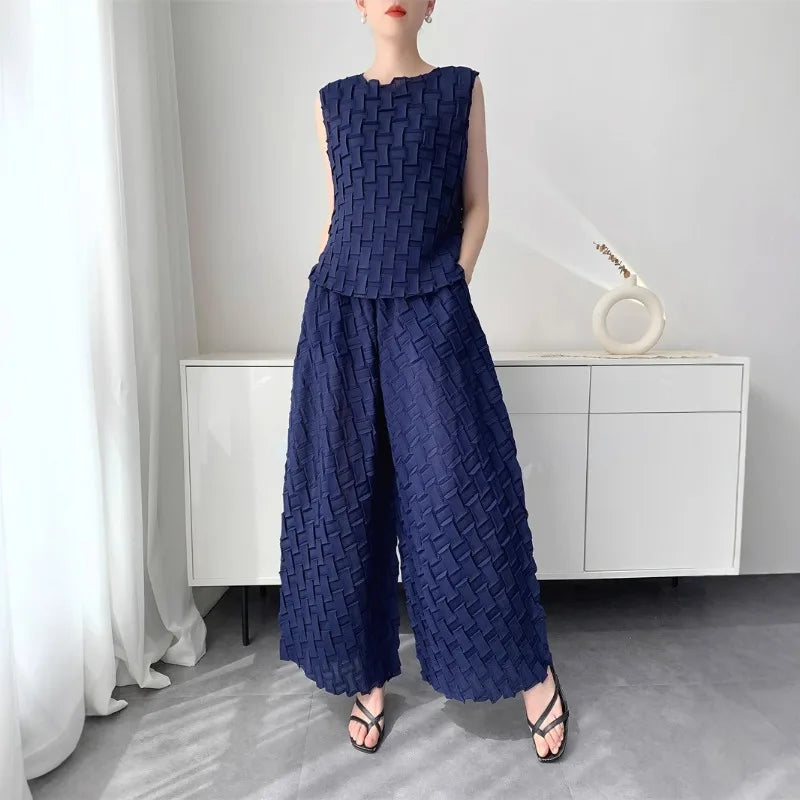 Handmade Pleated Set Women Summer New Sleeveless Vest Top Flared Pants Comfortable Casual Loose Large Size with Stretchy Natalia Home Fashion    Natalia Home Fashion