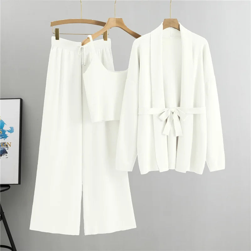 Loose Casual Fashion Set Women's Spring and Autumn Knitted Cardigan Jacket Camisole Wide Leg Pants Three Piece Set Natalia Home Fashion    Natalia Home Fashion
