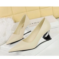 Spring Fashion Pointed Toe Pumps Woman Metal Decoration Wedges Heels Elegant Ladies Shoes