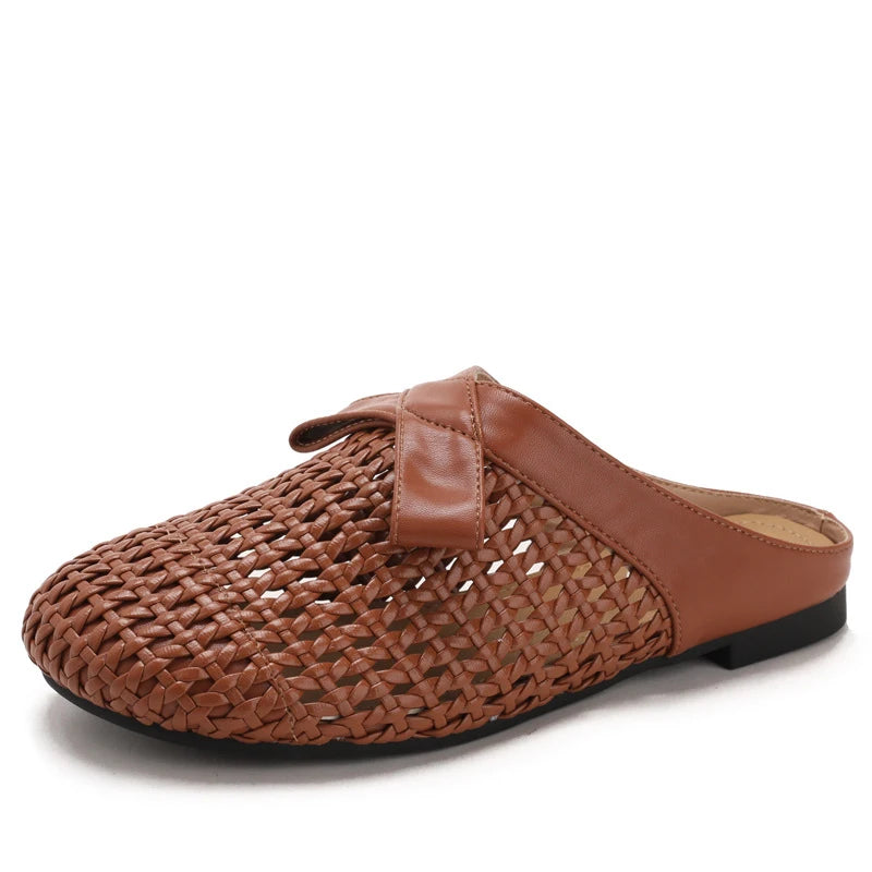 Versatile woven closed-toe sandals with bow and hollow-out design, new summer breathable soft-soled women's sandals