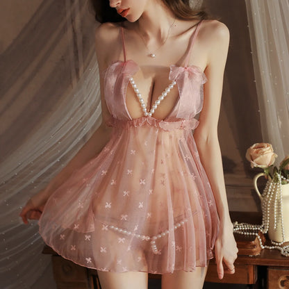 Hollow Transparent Sexy Deep V Baby doll Mini Ultra Short Nightgown Bow Knot Lace Mesh with pearls Night Dress Party Women Sleepwear