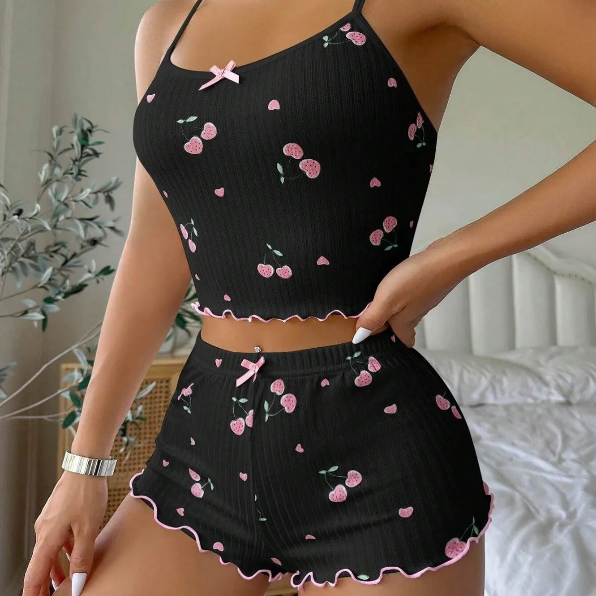 Sleepwear Women's Heart Print Sexy Strap Vest Shorts Home Clothes Set Polyester Fiber Medium Weight Sleeveless