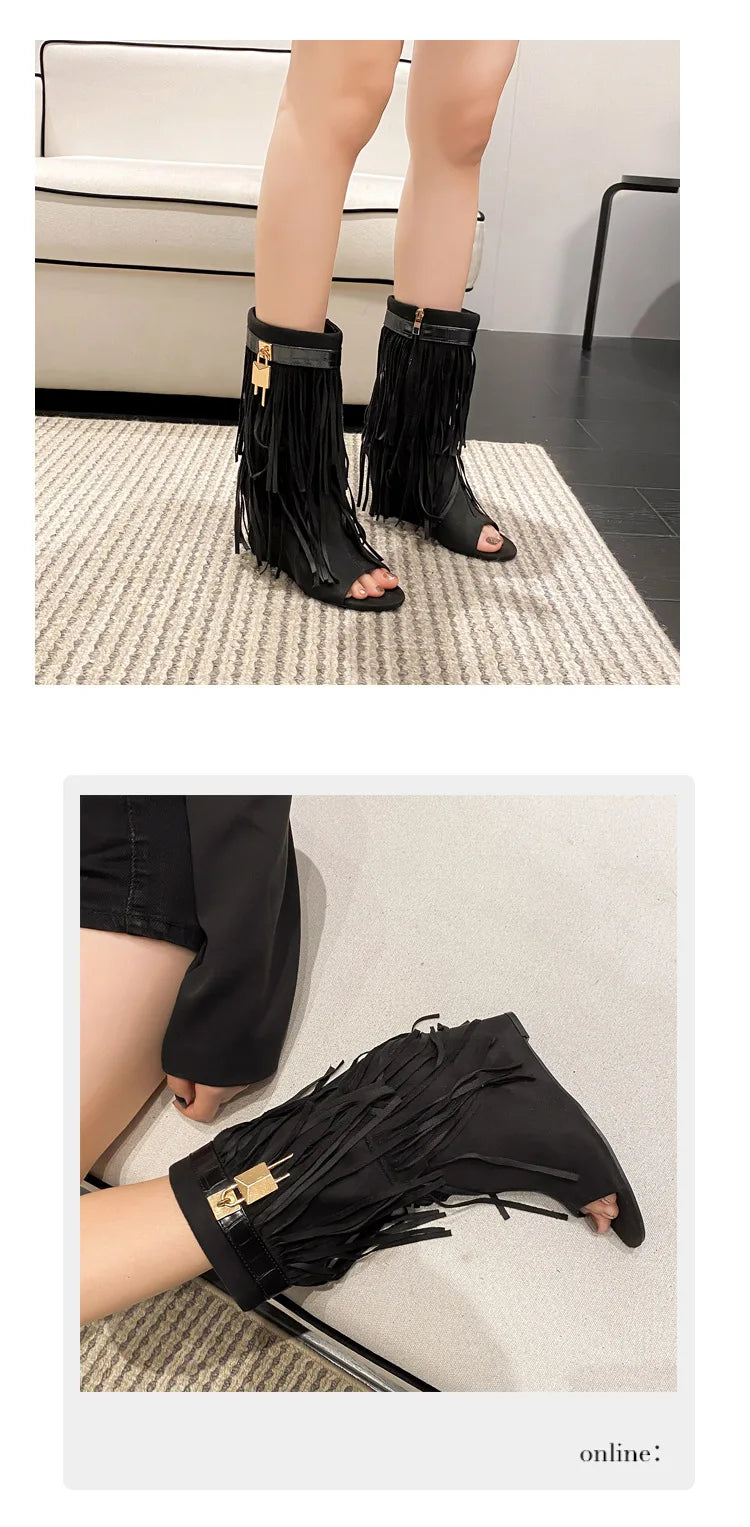 Designer Fringe Wedges Boot Sandals Woman High Heels Open Toe Party Prom Shoes Sexy Zipper Female Pumps Women Boots