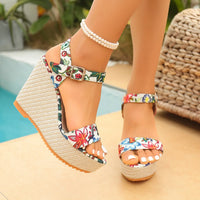 Bohemian Thick Heel Platform Sandals Women's Flip Flops Flower Ribbon Beach Shoes Comfortable round Toe Roman Style