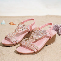 Bohemian Style Thick Heel Sandals Summer Fashion Beach Diamond Women's Shoes round Head Roman Style PU Leather Roman Sandals