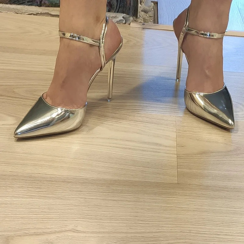 Women 10.5cm High Heels Sandals Lady Metallic Gray Patent Leather Stripper Ankle Strap Sandals Wedding Fetish Nightclub Shoes