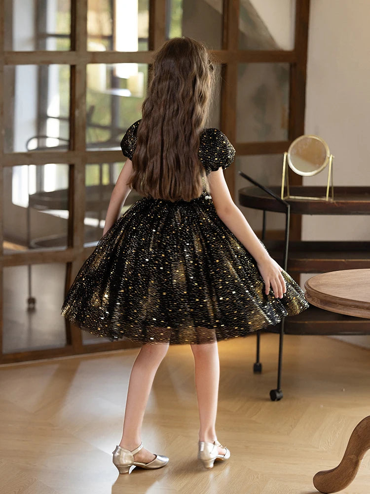 Starry Sky Dress For Girls Black Short Dress Holiday Party Birthday Fluffy Veil Dress