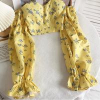 Chic Crop Tops Blouses Women Sexy Lady Slash Neck Flare Sleeve Floral Sweet Long Sleeve Crop top Shirts