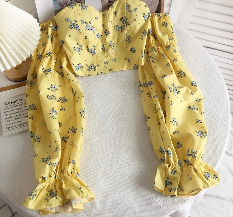 Chic Crop Tops Blouses Women Sexy Lady Slash Neck Flare Sleeve Floral Sweet Long Sleeve Crop top Shirts