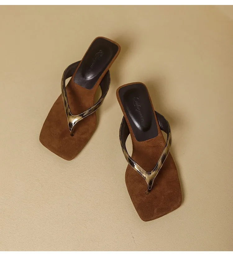 Formal Flip Flops Woman High Heels Cool Slippers Women's Summer New Retro Leopard Print Toe Square Heel Slippers Women Outside