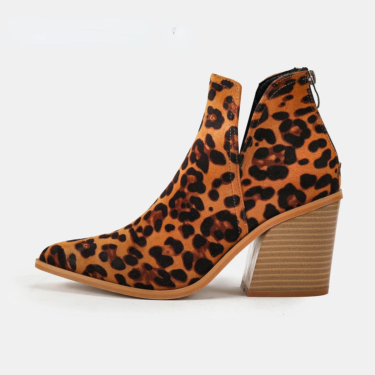 Boots Women Ankle Leopard Mid Heel Shoes Female Slip-On Casual Black Square Heel Booties