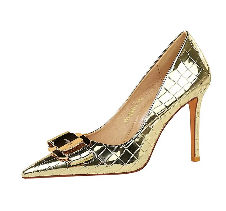 Stone Patterned Flowers Women Pumps Fashion High Heels Bow of Metal Women Shoes Stilettos Sexy Party Shoes