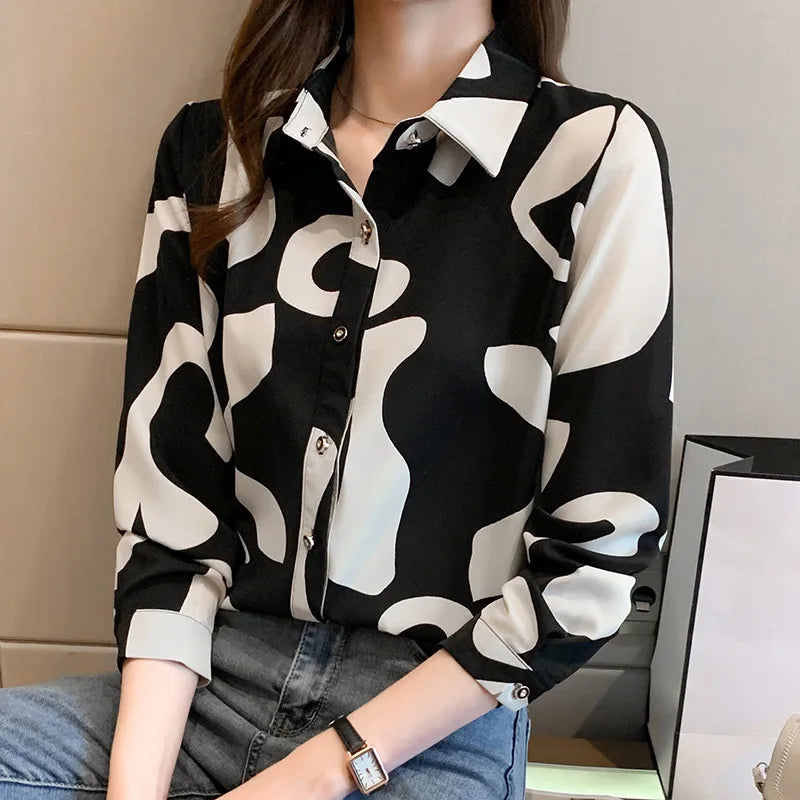 Elegant Long Sleeve Floral Print Chiffon Shirt Women's Versatile High-End Fashion Top Spring City Style Commute Shirt