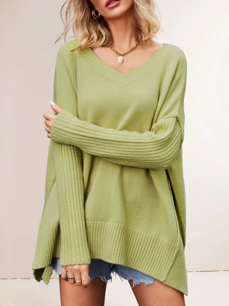 Autumn Winter Fashion Casual Women's New Solid Color Sweater Foreign Trade V-Neck Long Sleeve Pullover Knit Top Lady Clothing Natalia Home Fashion    Natalia Home Fashion