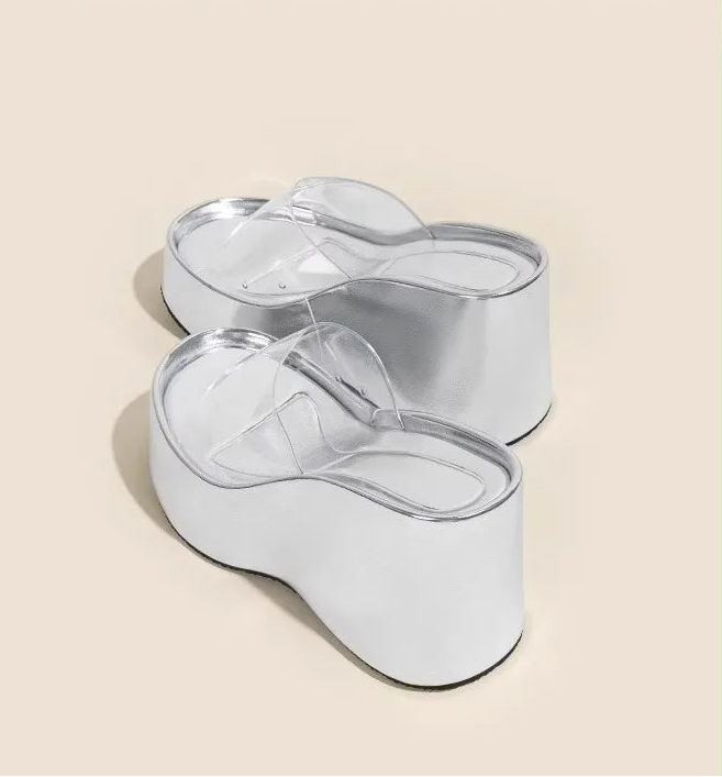 Thick Heel Platform Sandals Women's Summer Casual round Head PVC Material Beach Slippers Transparent Strap Casual Slip-On Shoes