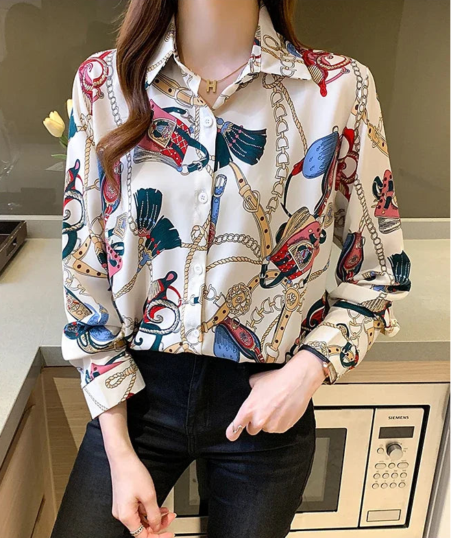 Fashion chain print ladies shirts Spring Women Blouses Long Sleeve Shirts Tops