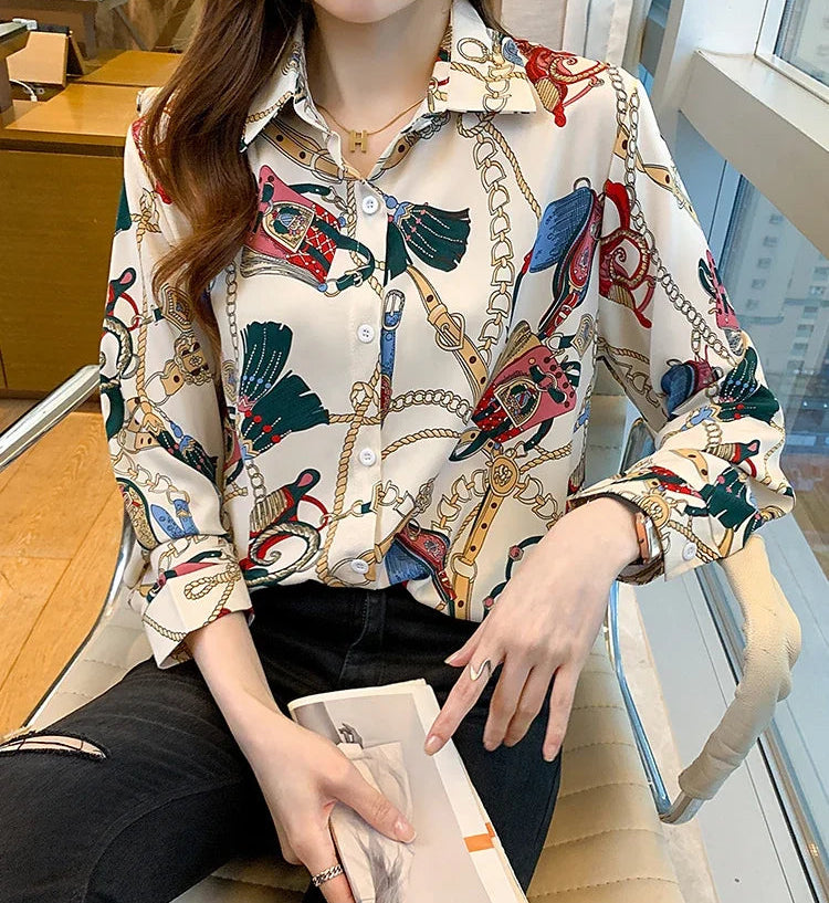 Fashion chain print ladies shirts Spring Women Blouses Long Sleeve Shirts Tops