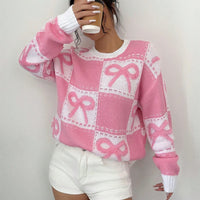 Loose Pink Bow Women's Sweater Fashion O-Neck Long Sleeve Sweater Lady Elegant Chic Pullover Top Female Clothing
