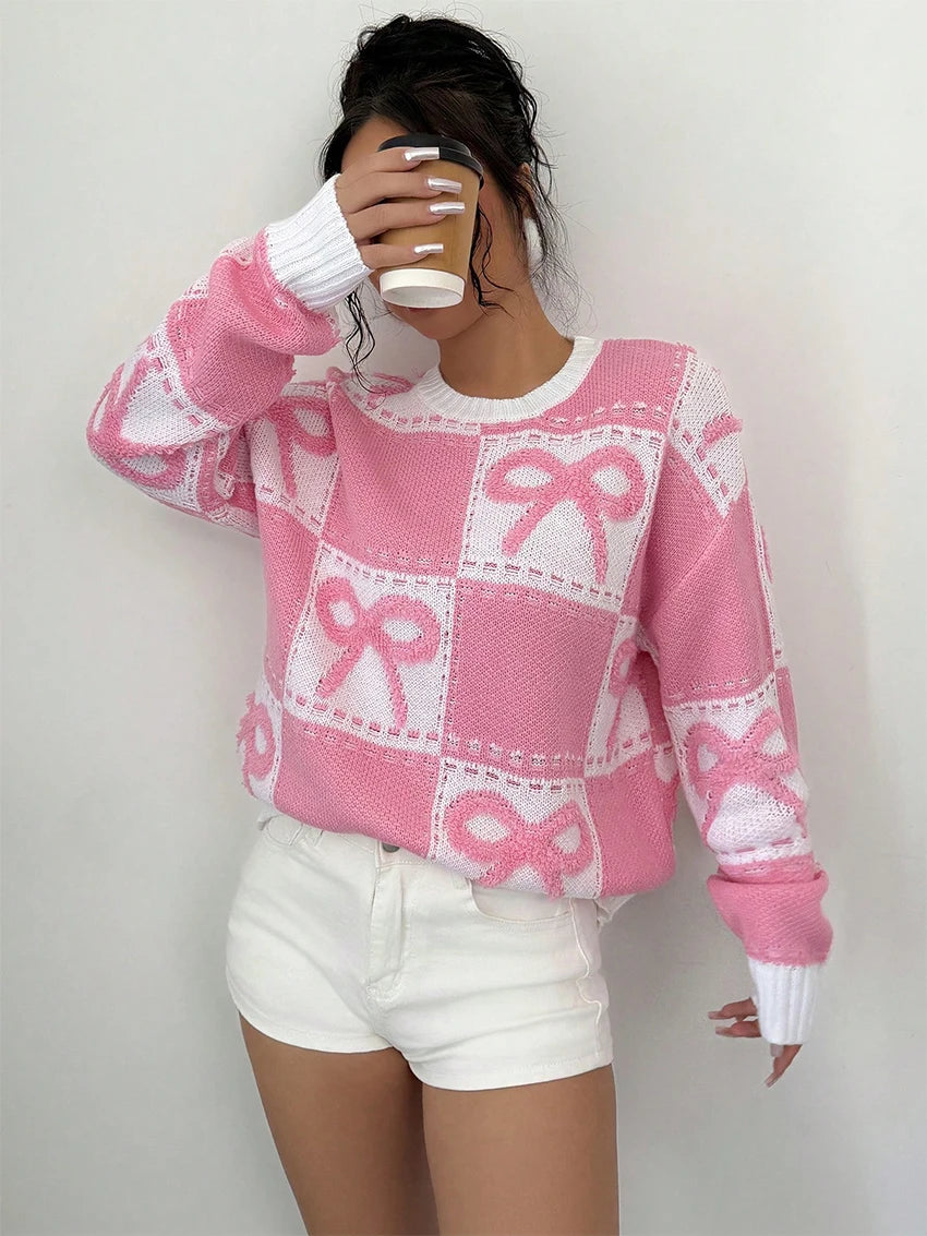 Loose Pink Bow Women's Sweater Fashion O-Neck Long Sleeve Sweater Lady Elegant Chic Pullover Top Female Clothing