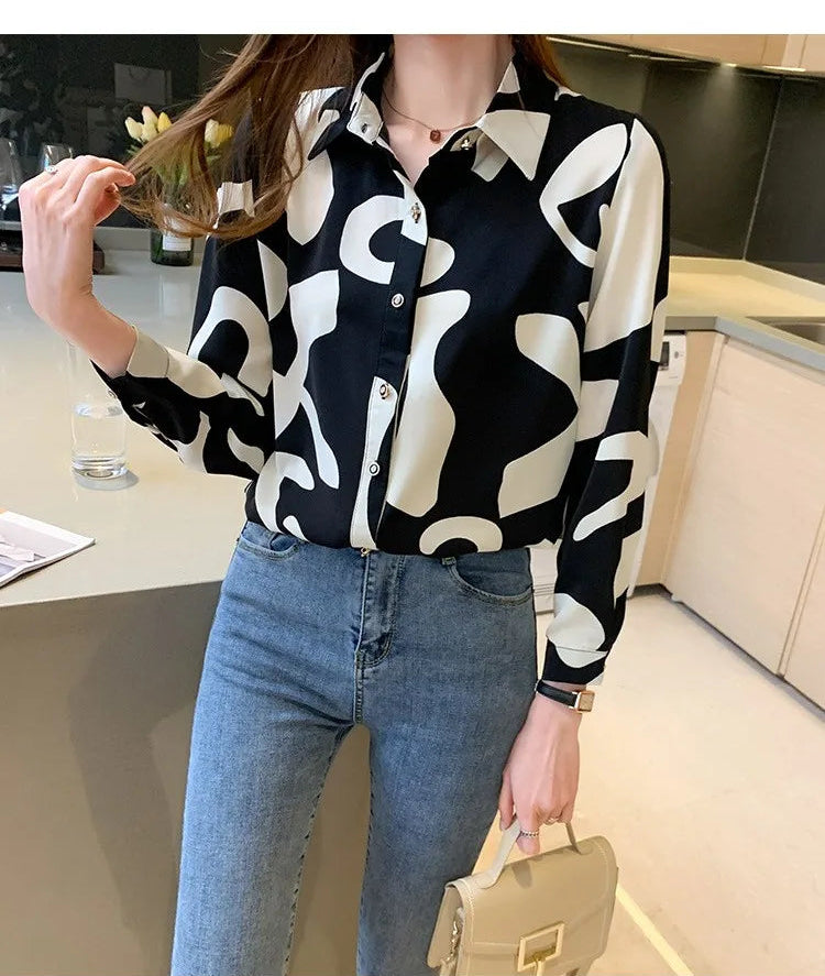 Elegant Long Sleeve Floral Print Chiffon Shirt Women's Versatile High-End Fashion Top Spring City Style Commute Shirt