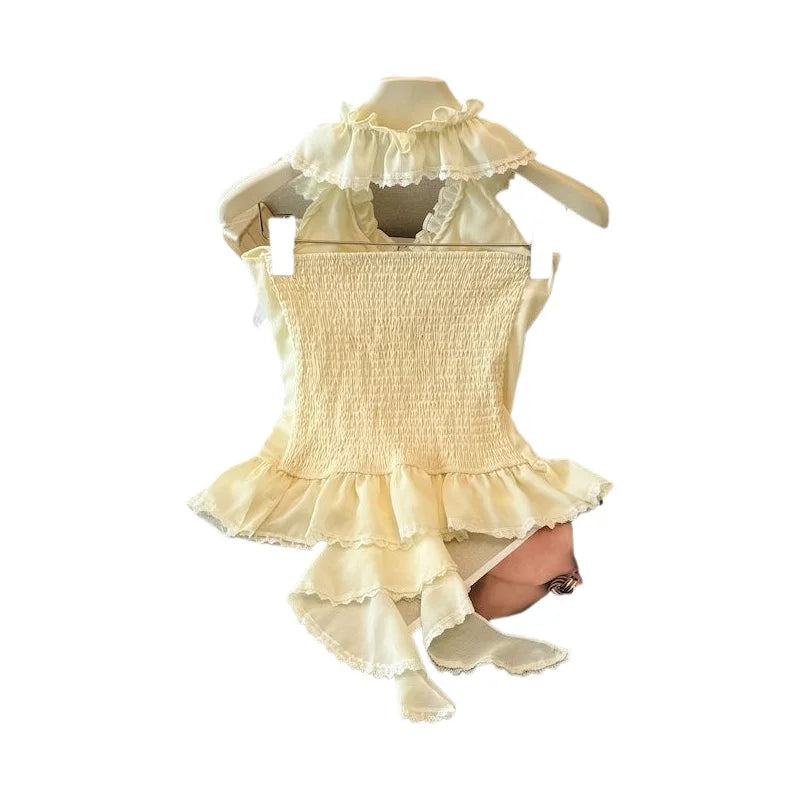Summer Style Beach Holiday Sweet And Spicy Lace Trim Neck Hanging Chiffon Top Women Light  Round Collar T Shirt