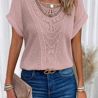 T shirt women 2026 fashion Spring Summer New lace patchwork short-sleeved T-shirt solid color tshirt women's clothing Natalia Home Fashion    Natalia Home Fashion