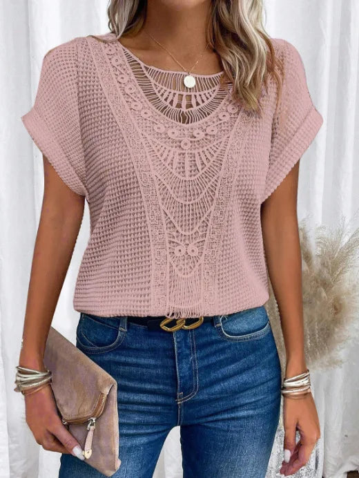 T shirt women 2026 fashion Spring Summer New lace patchwork short-sleeved T-shirt solid color tshirt women's clothing Natalia Home Fashion    Natalia Home Fashion