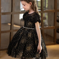 Starry Sky Dress For Girls Black Short Dress Holiday Party Birthday Fluffy Veil Dress