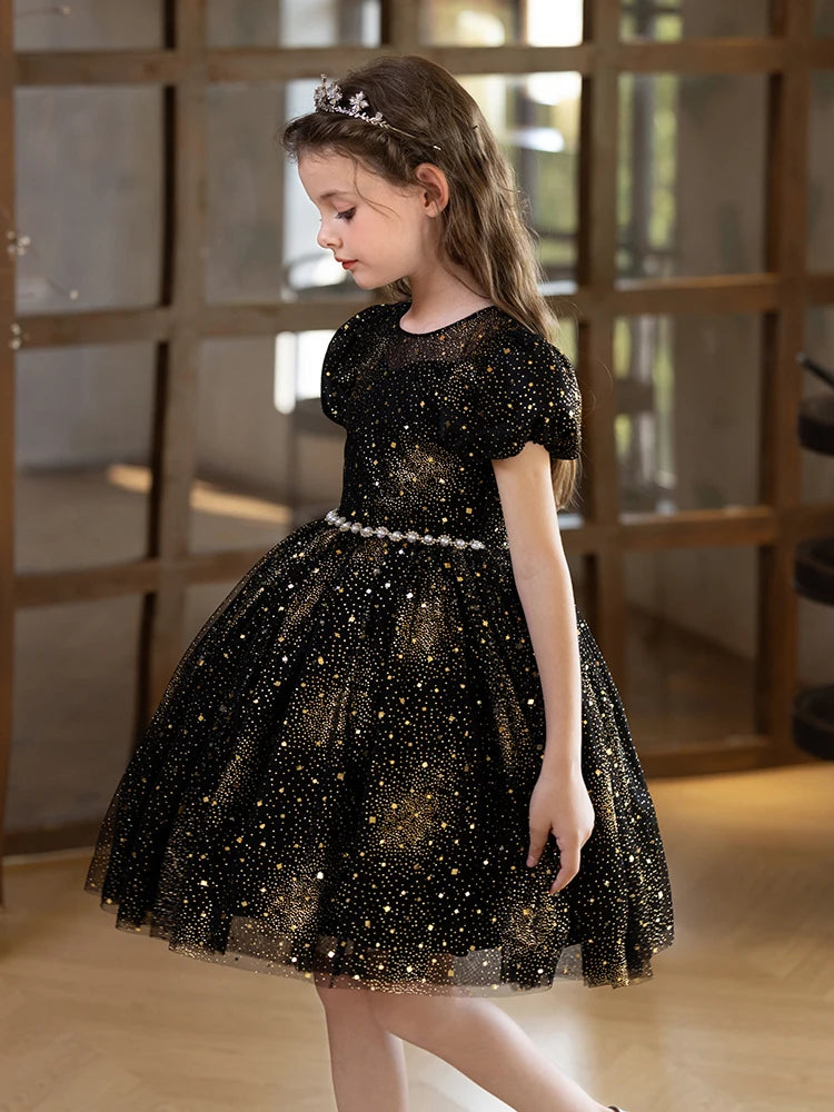 Starry Sky Dress For Girls Black Short Dress Holiday Party Birthday Fluffy Veil Dress