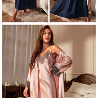 Female Long Twinset Robe Set Nightgown Spring Summer Kimono Bathrobe Gown Sexy Lace Trim Nightdress Satin Home Wear Loungewear