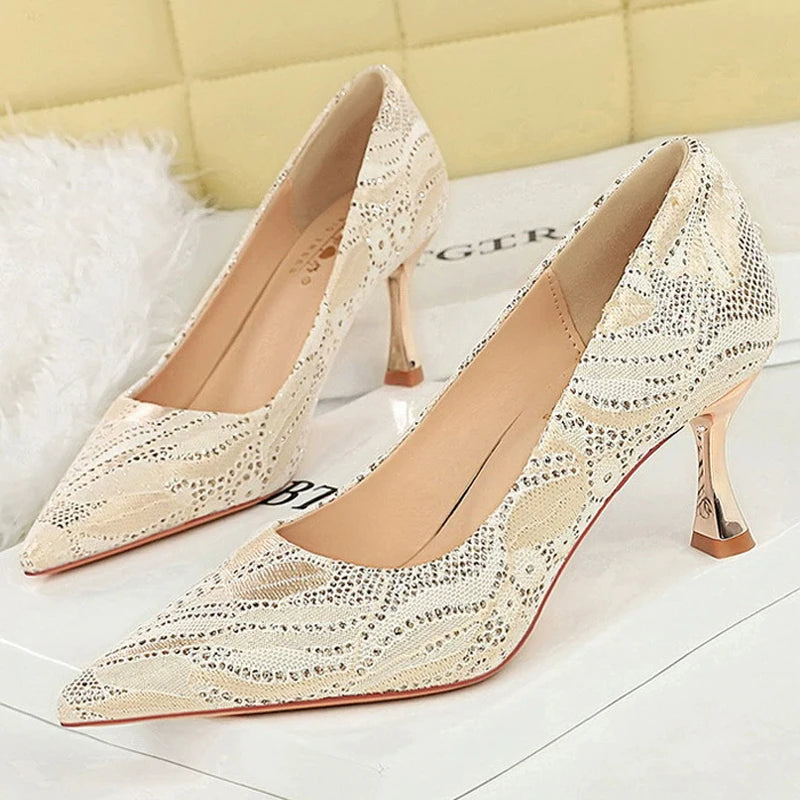 Shoes Lace glitter fabric women pumps Design Kitten heels Women shoes Female Occupation Office Shoes