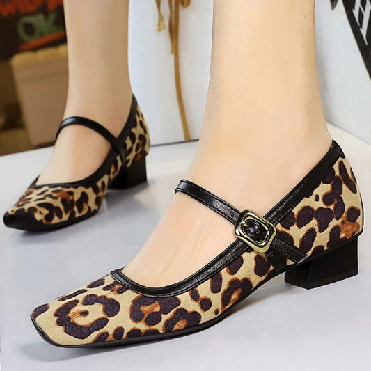 Heels Women Vintage Mary Jane shoes Metal leopard print square head Women Pumps Low heel high heels Suede