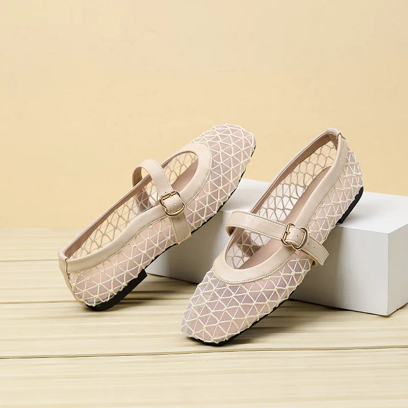 Fishnet Ballet Flats Square Toe Breathable Hollow Mesh Sandals Casual and Comfortable Mary Jane Shoes