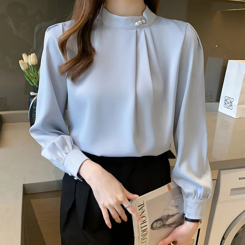 Women's Long-sleeved Fashionable Beaded Base Shirt Niche Chiffon Shirt
